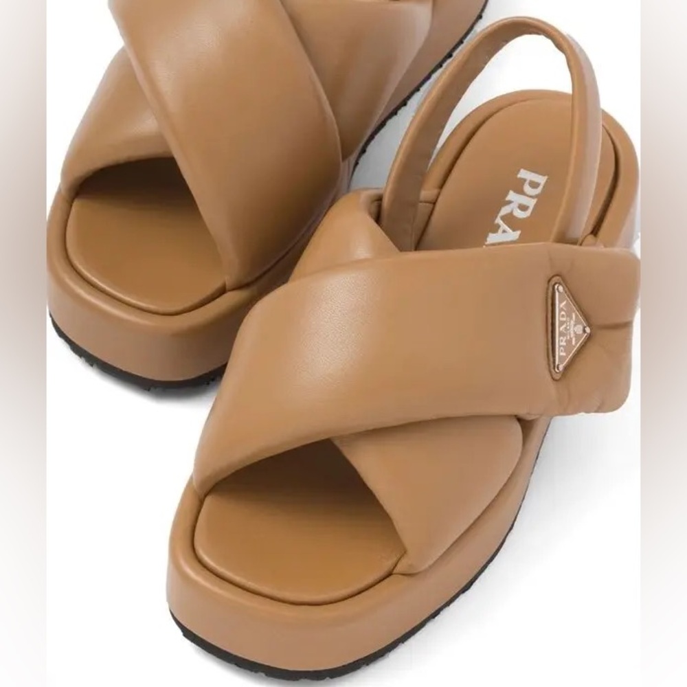Prada | Soft Padded Nappa Leather Wedge Slingback Sandal In Camel Size: 37